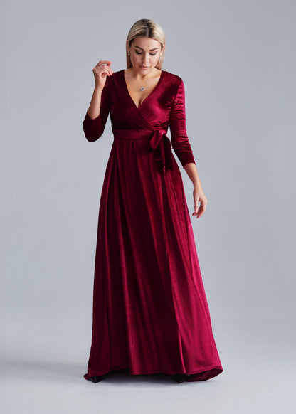 Bridesmaid Black Velvet V Neck Wrap Dress