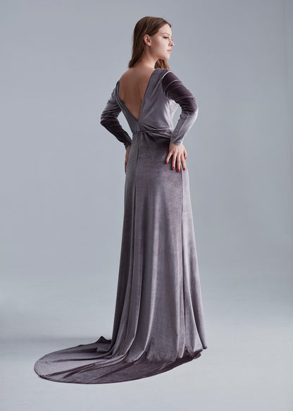 Bridesmaid Open Back Velvet Dress with Train