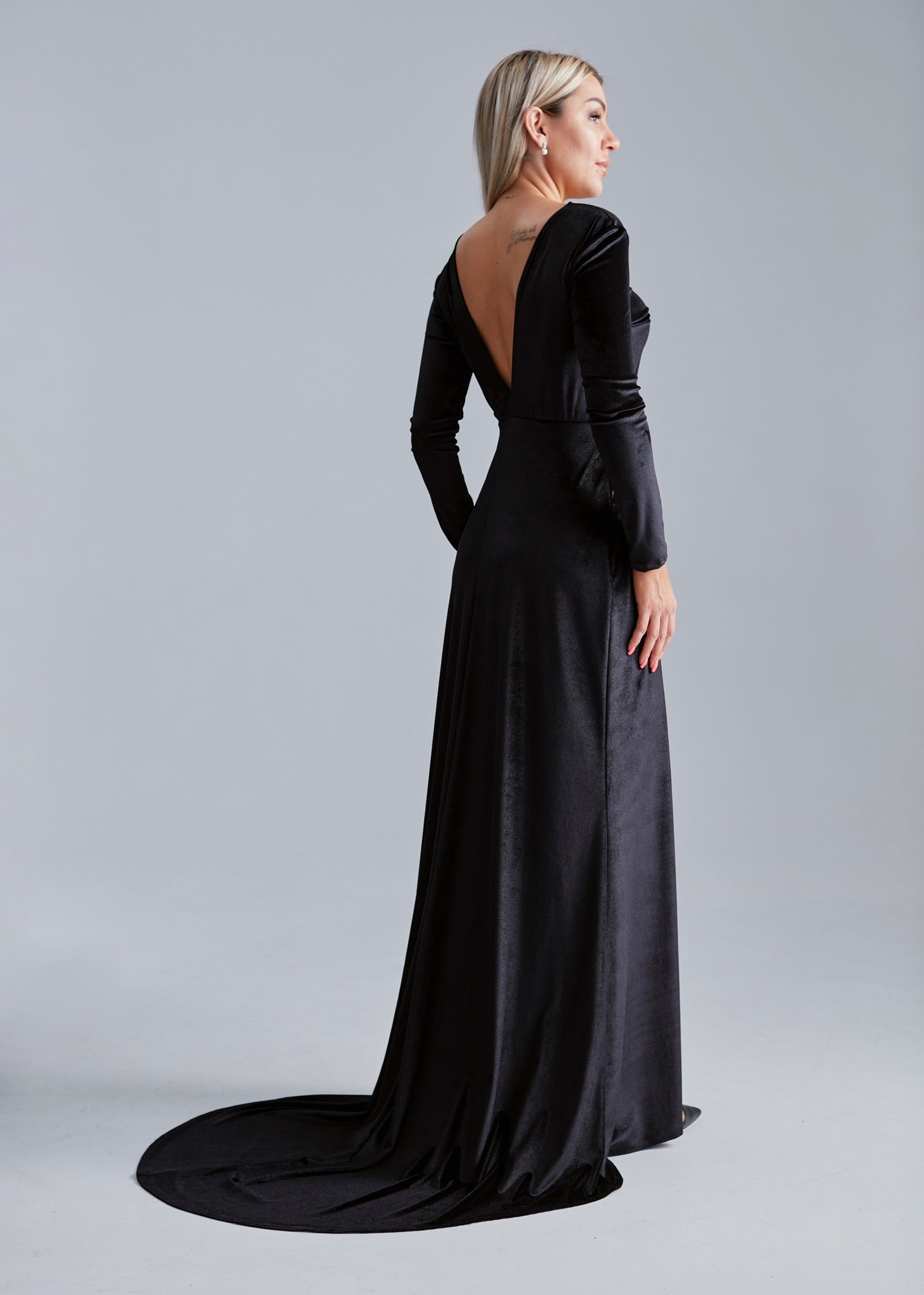 Bridesmaid Open Back Velvet Dress with Train