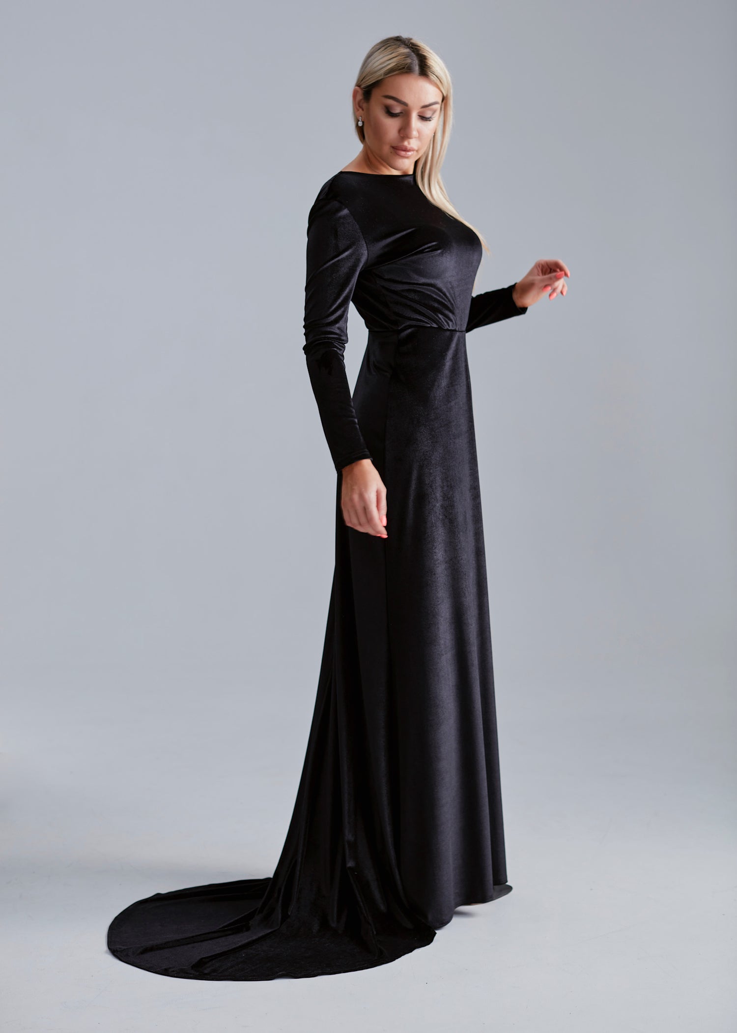 Bridesmaid Open Back Velvet Dress with Train