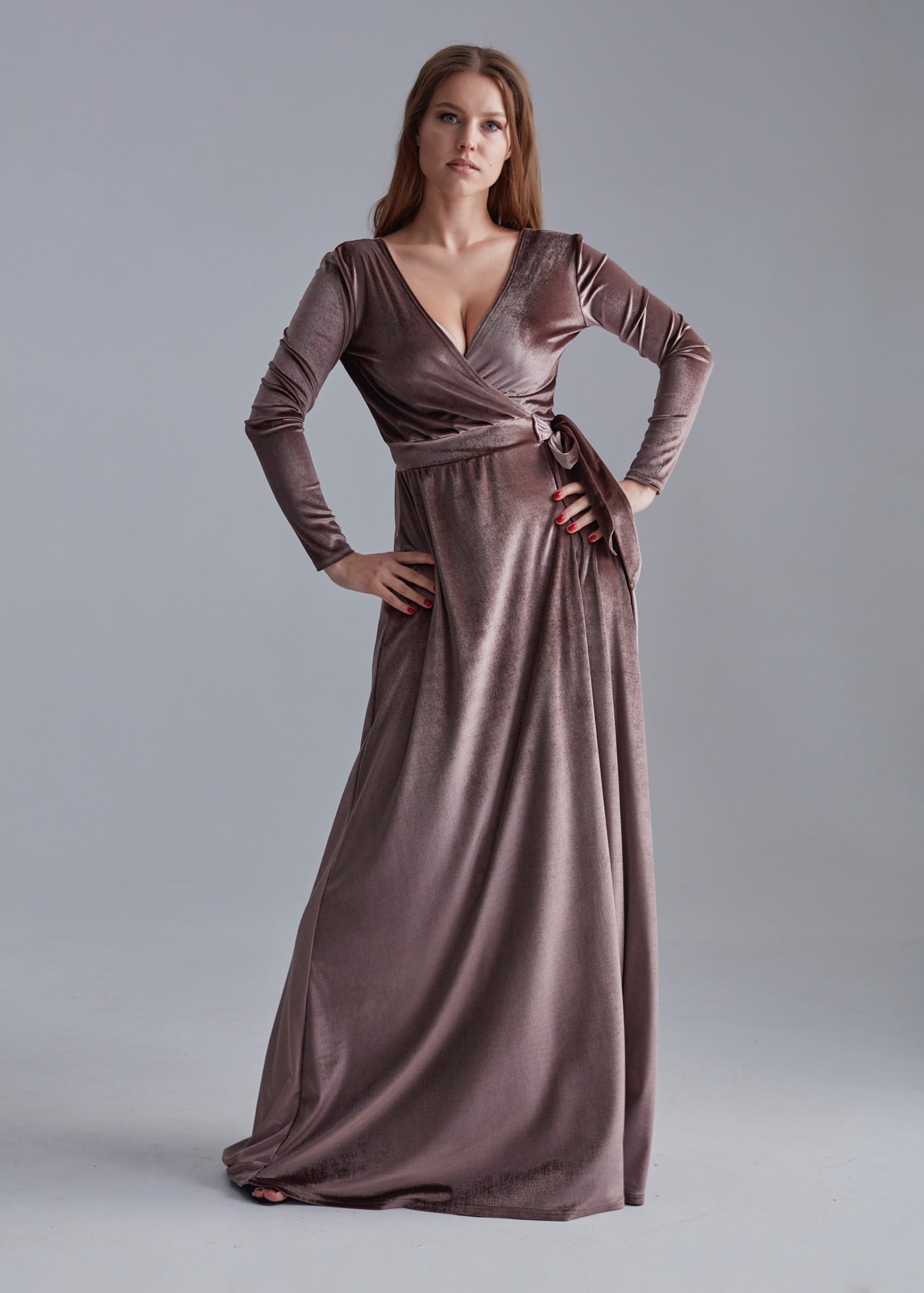 Bridesmaid Black Velvet V Neck Wrap Dress