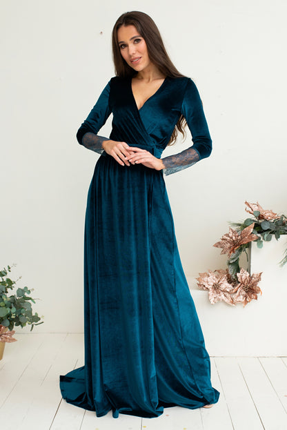 Bridesmaid Black Velvet V Neck Wrap Dress