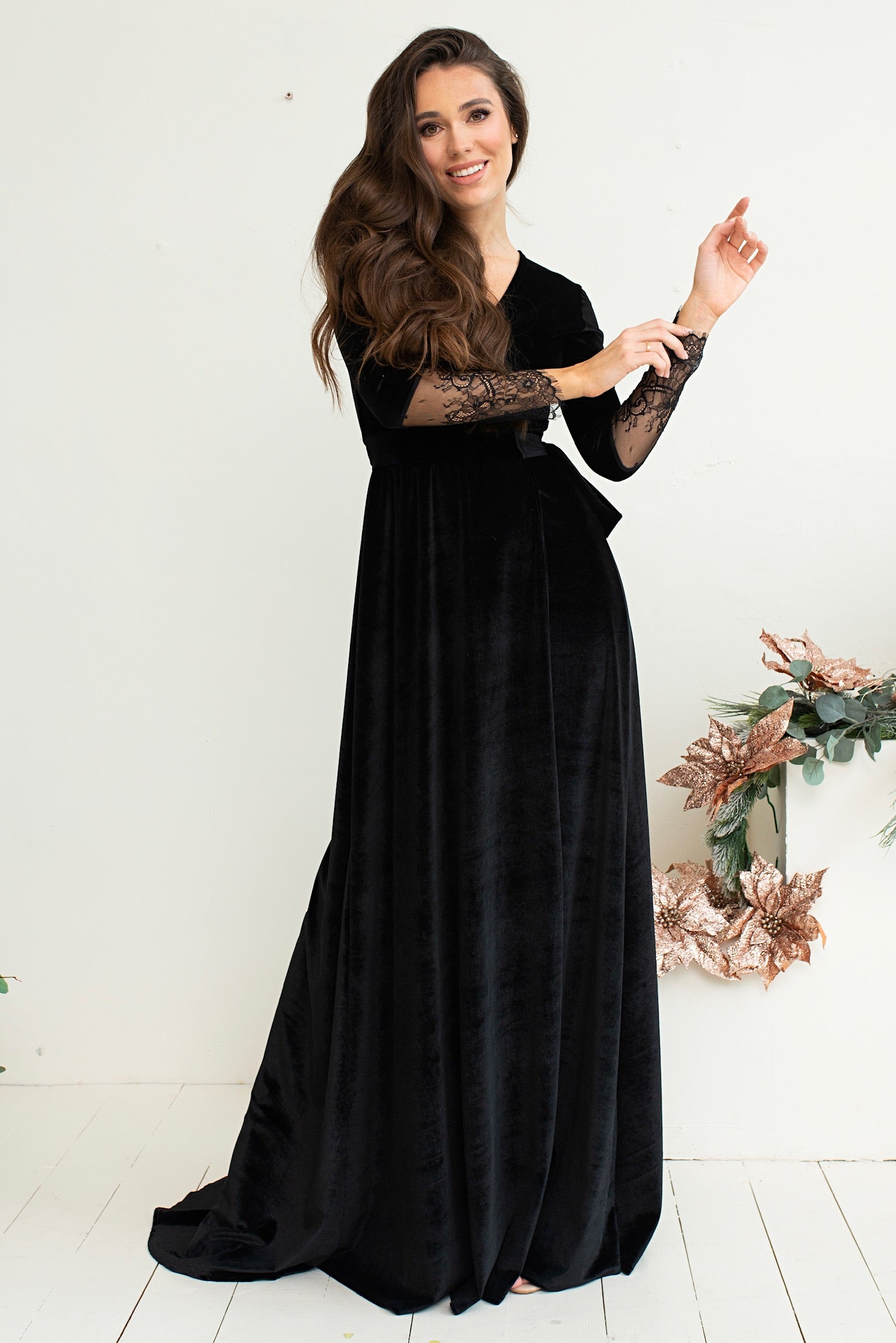 Bridesmaid Black Velvet V Neck Wrap Dress