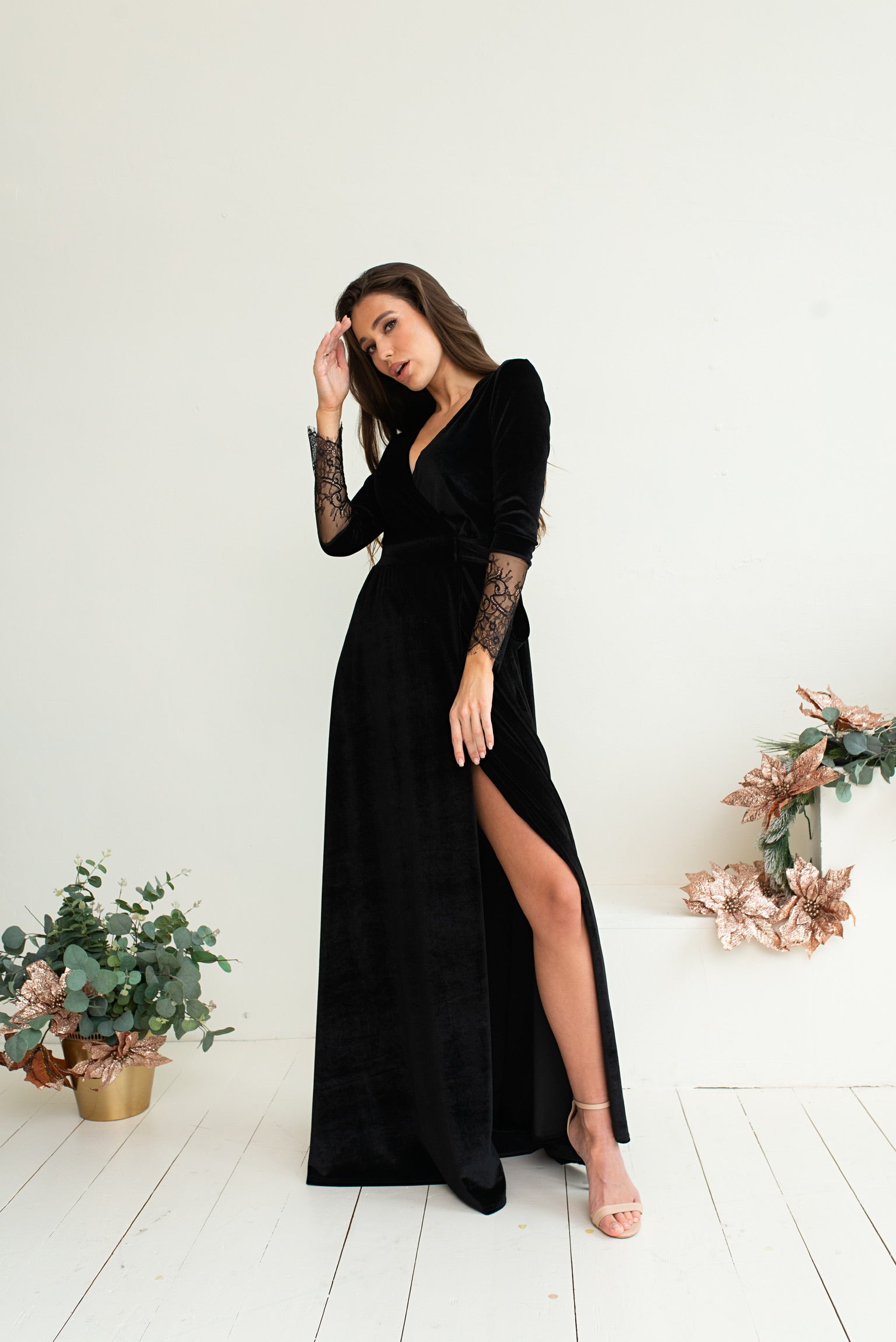 Bridesmaid Black Velvet V Neck Wrap Dress