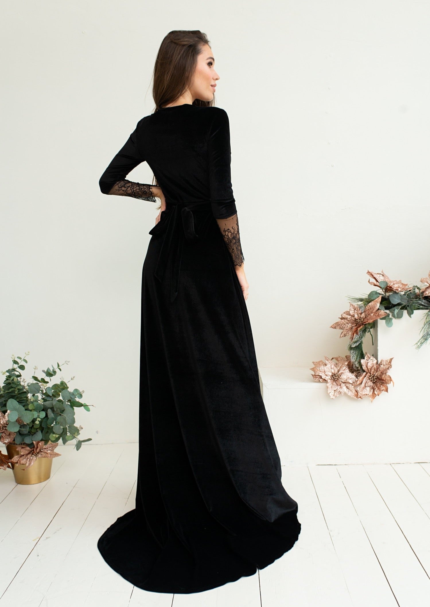 Bridesmaid Black Velvet V Neck Wrap Dress