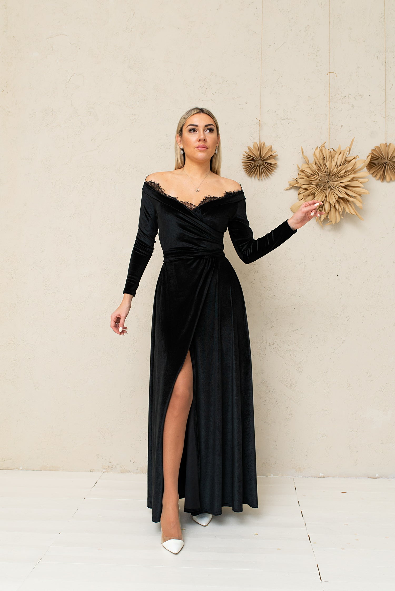 Bridesmaid off the Shoulder Velvet Lace Dress