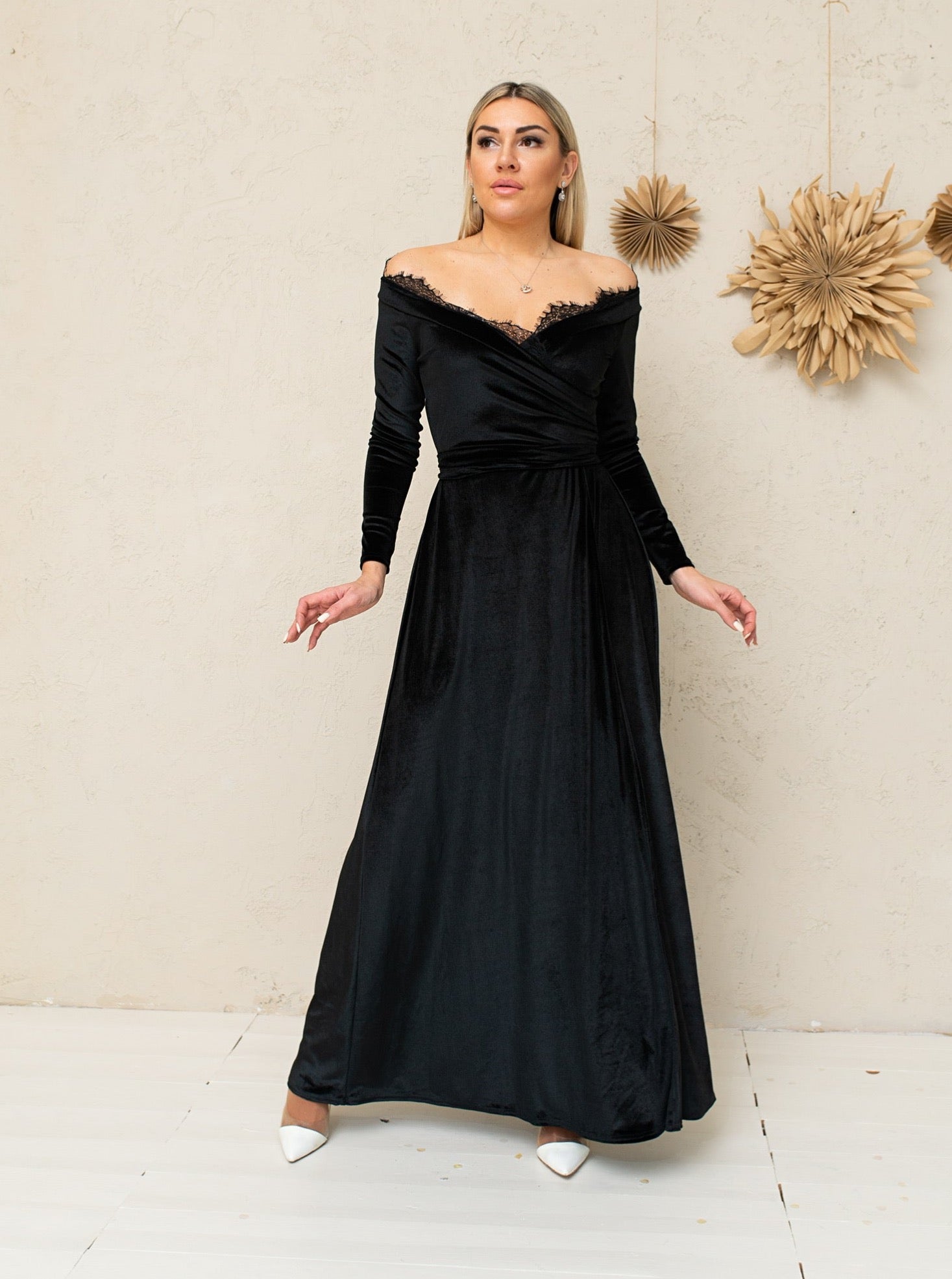 Bridesmaid off the Shoulder Velvet Lace Dress