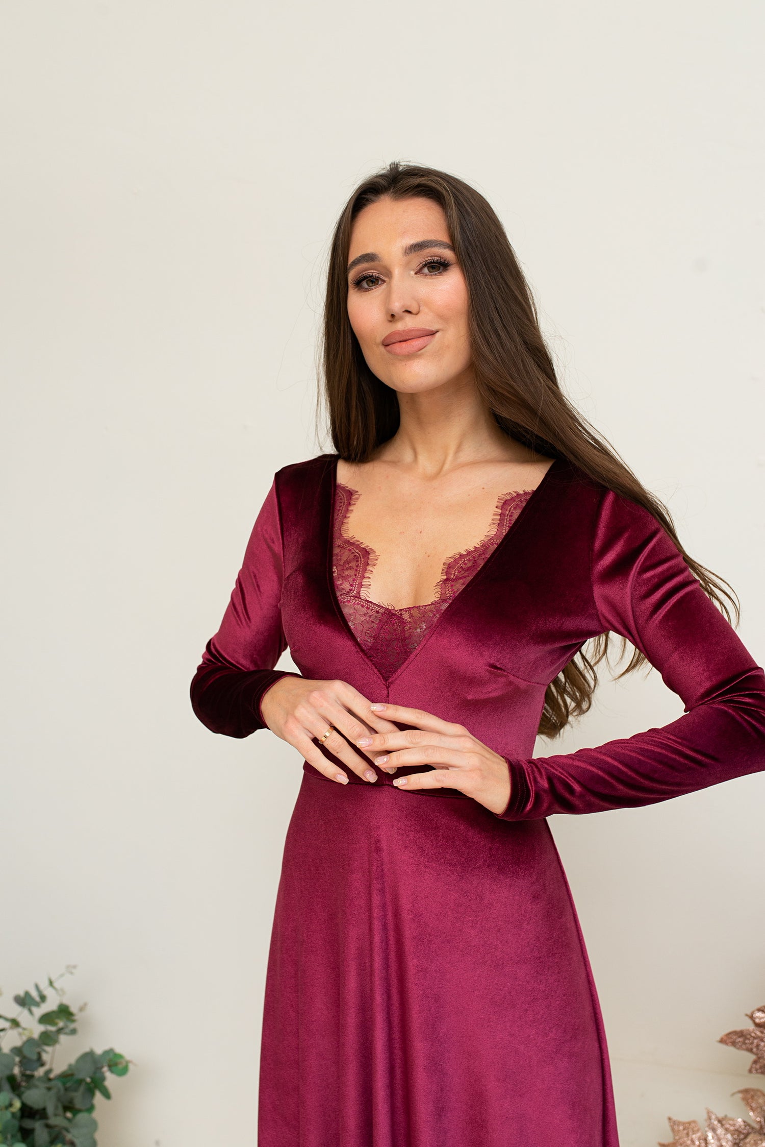 Bridesmaid  Long Sleeve Velvet Lace Dress