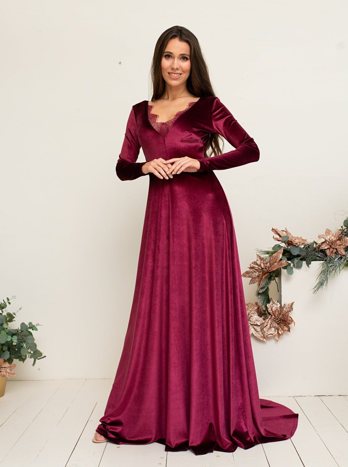 Bridesmaid  Long Sleeve Velvet Lace Dress