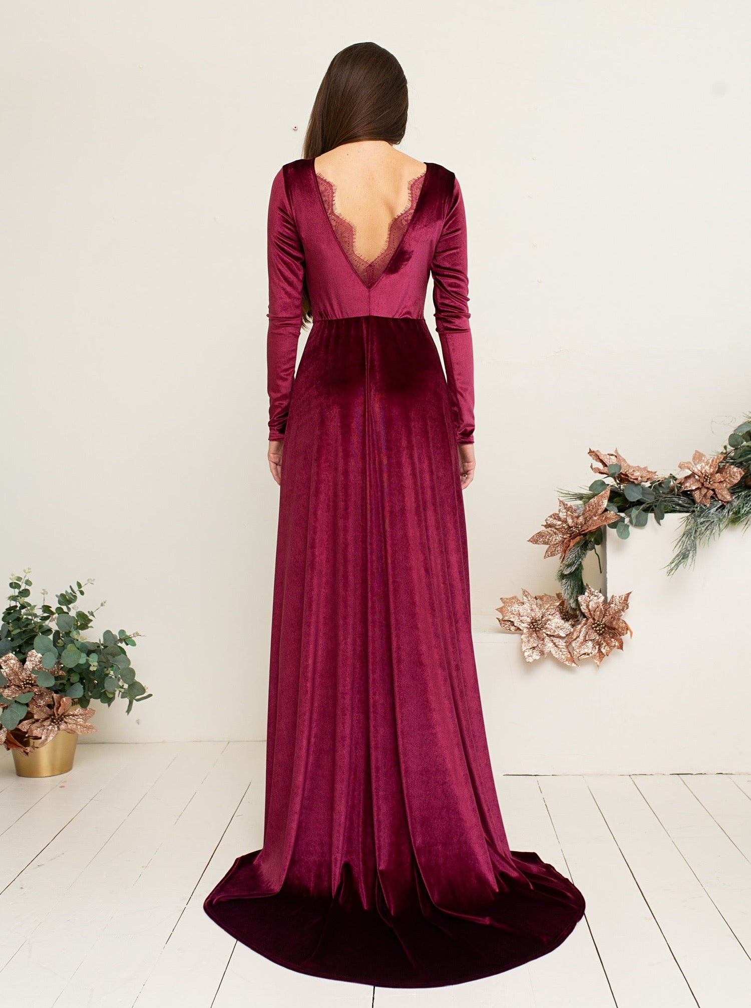 Bridesmaid  Long Sleeve Velvet Lace Dress