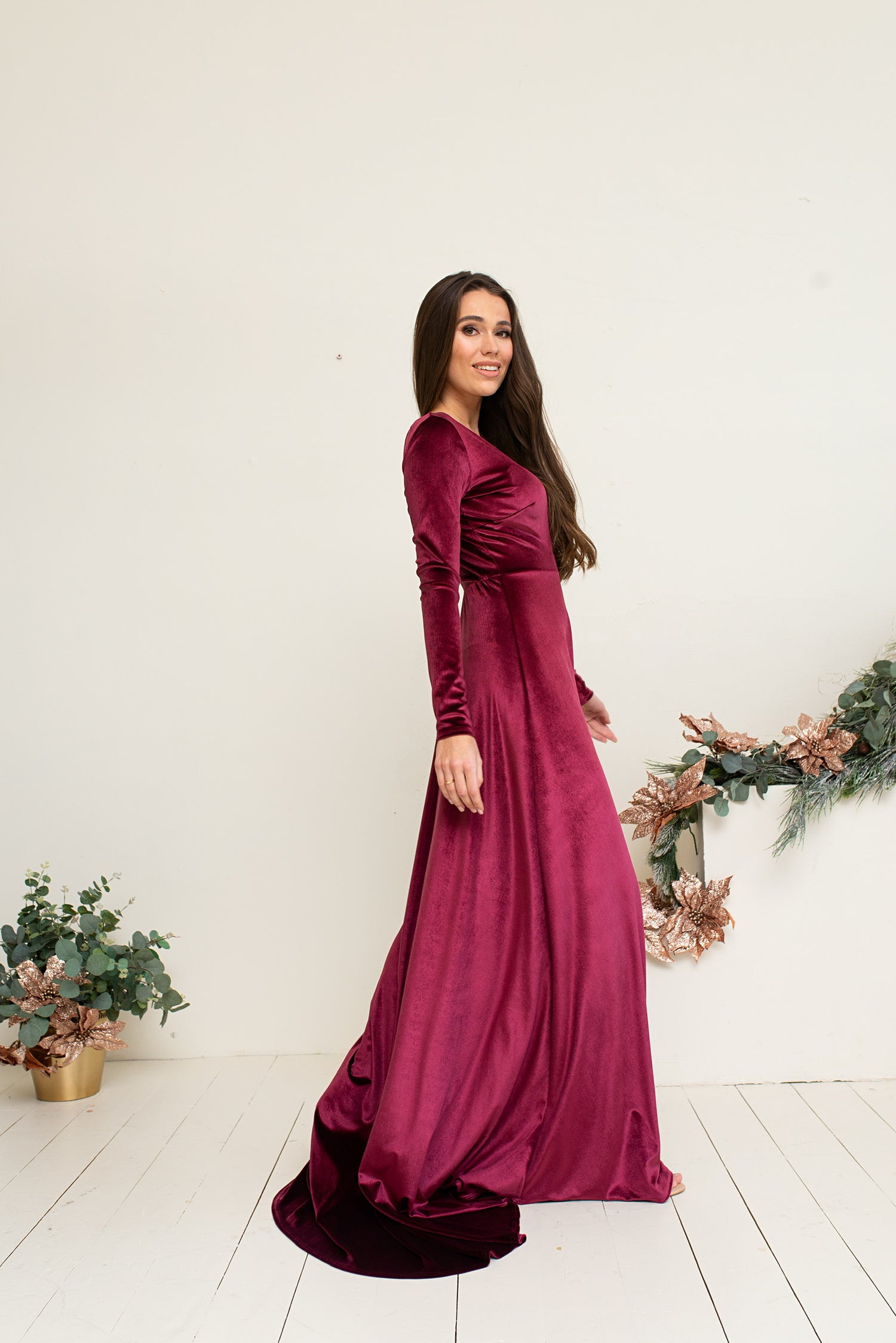 Bridesmaid  Long Sleeve Velvet Lace Dress