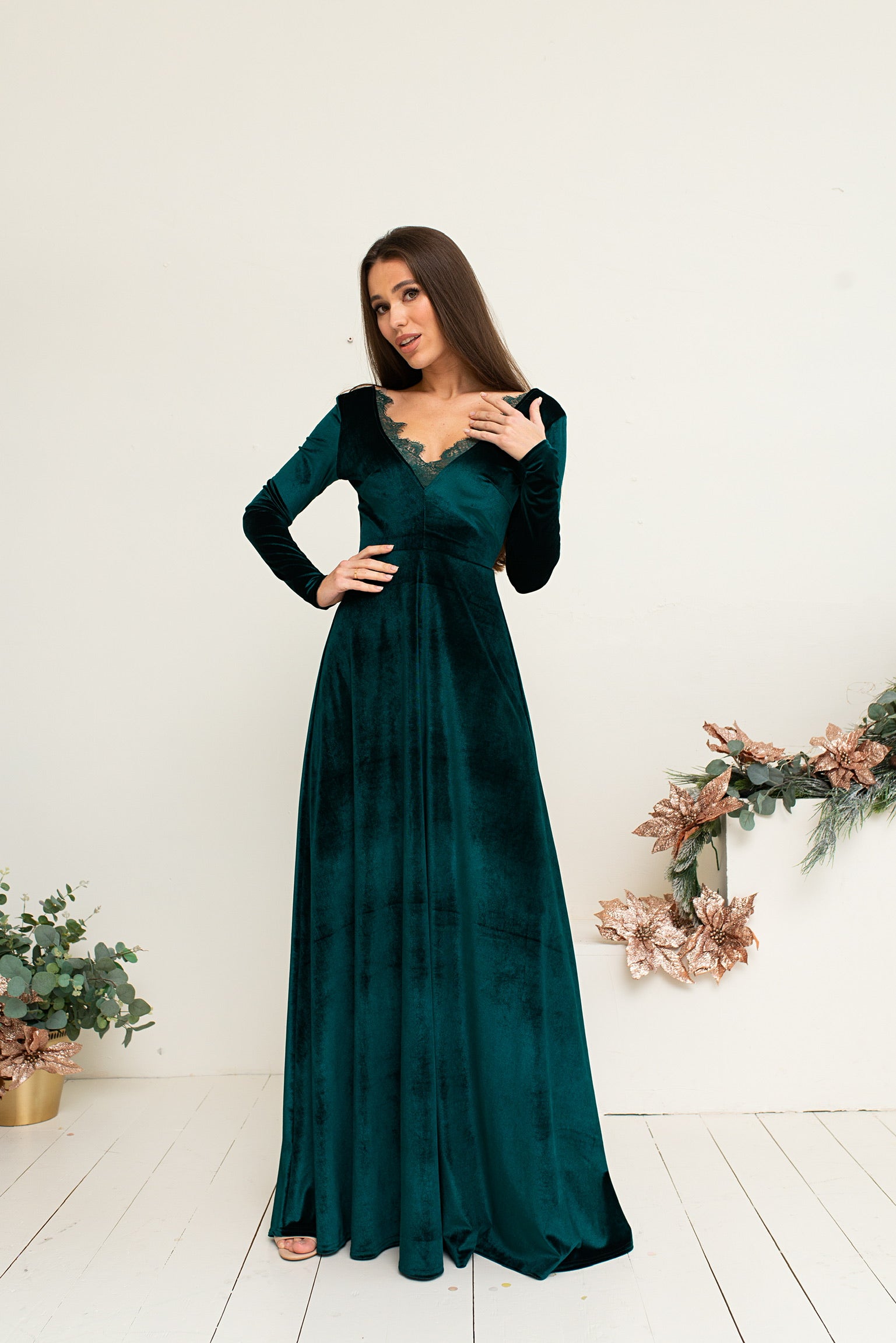 Bridesmaid  Long Sleeve Velvet Lace Dress