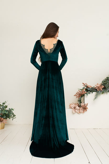 Bridesmaid  Long Sleeve Velvet Lace Dress