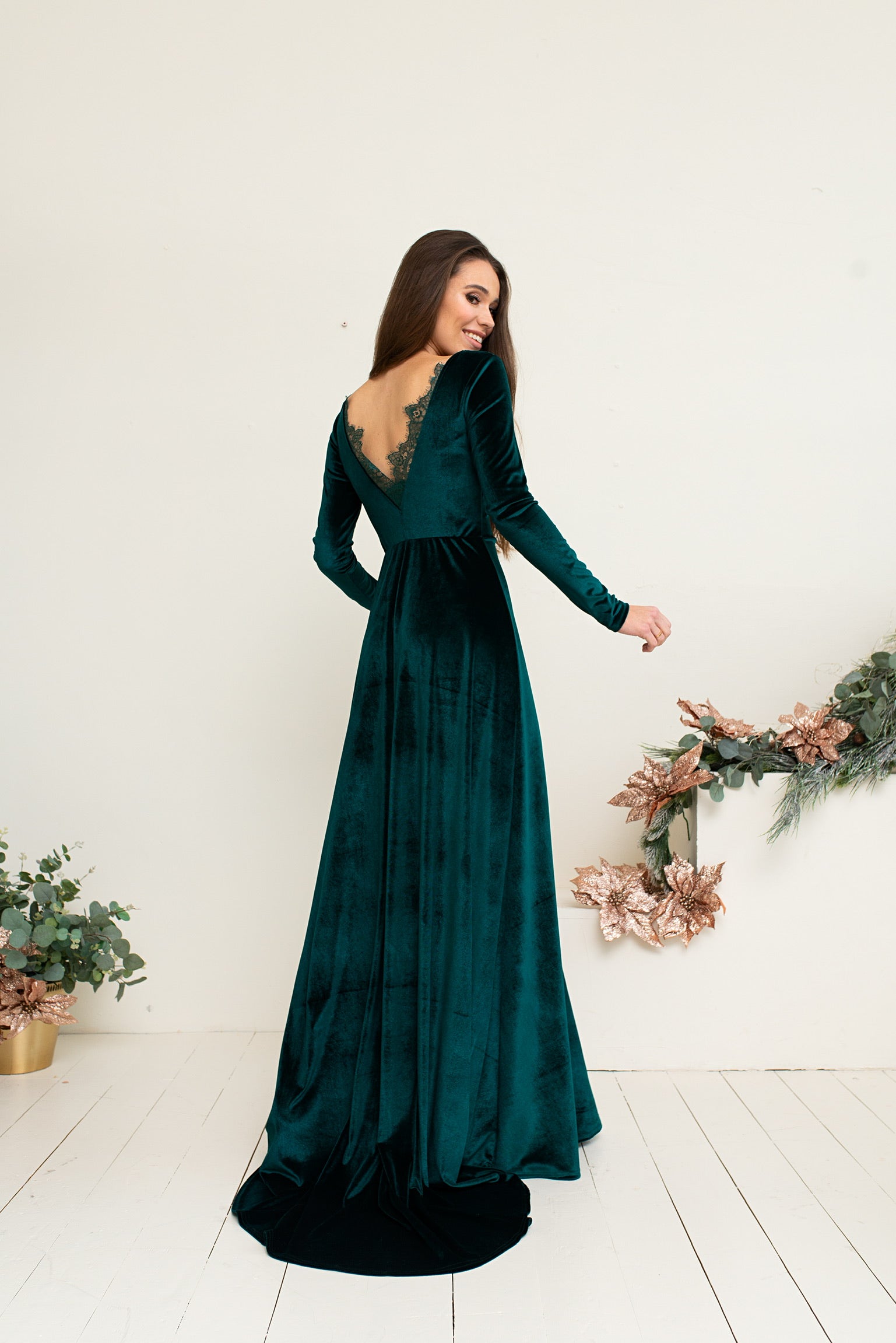 Bridesmaid  Long Sleeve Velvet Lace Dress