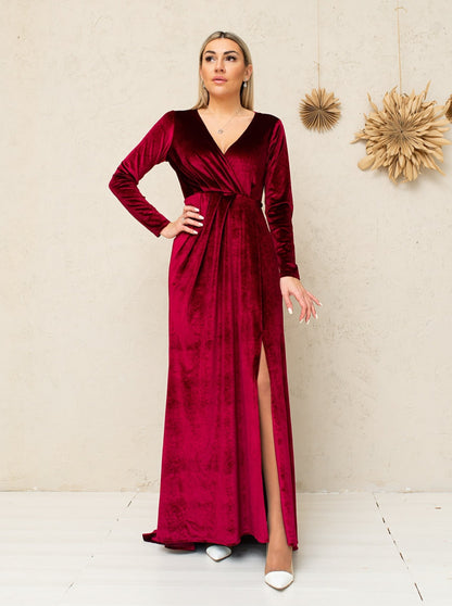 Bridesmaid Slit Long Sleeve Draped Dress