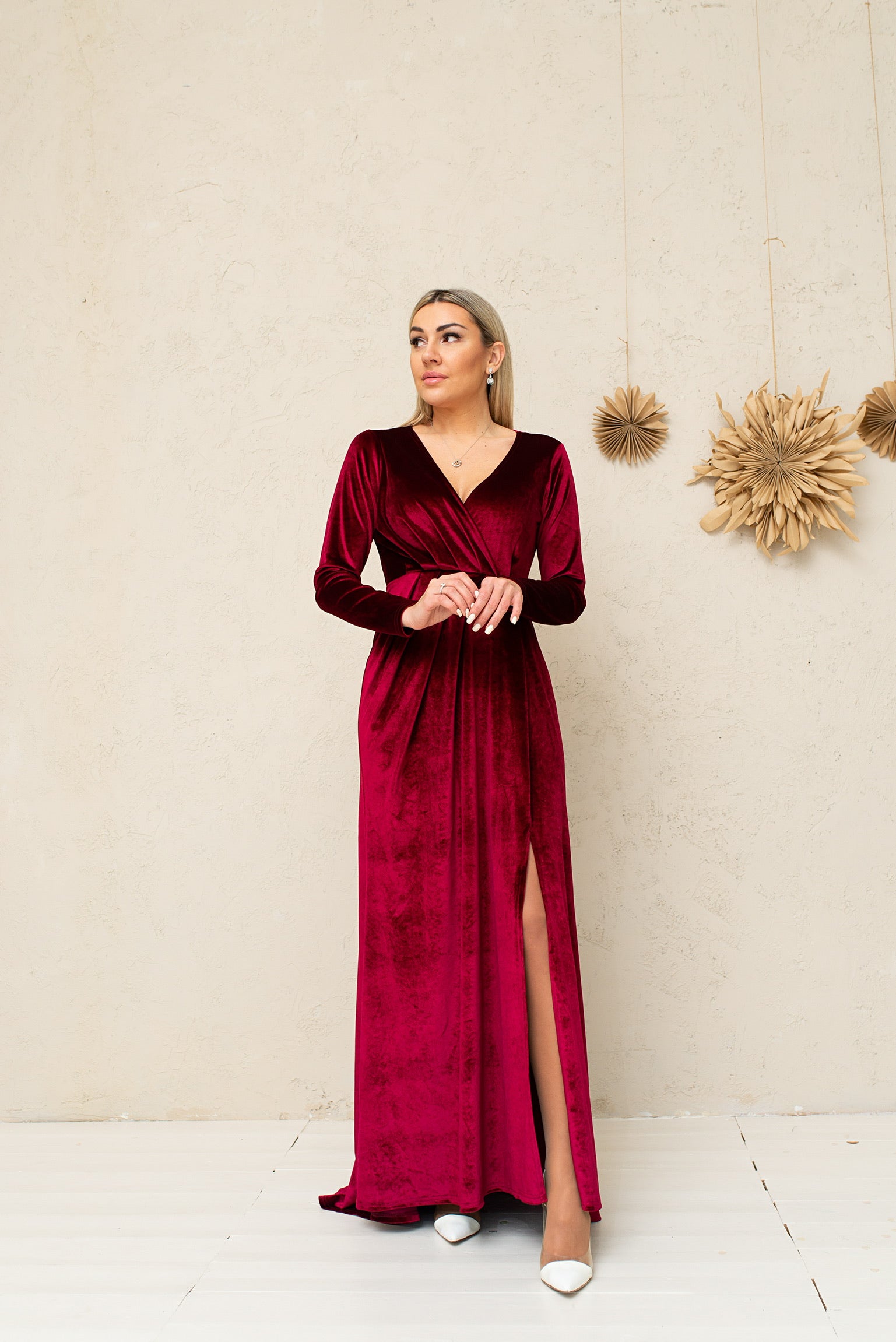 Bridesmaid Slit Long Sleeve Draped Dress