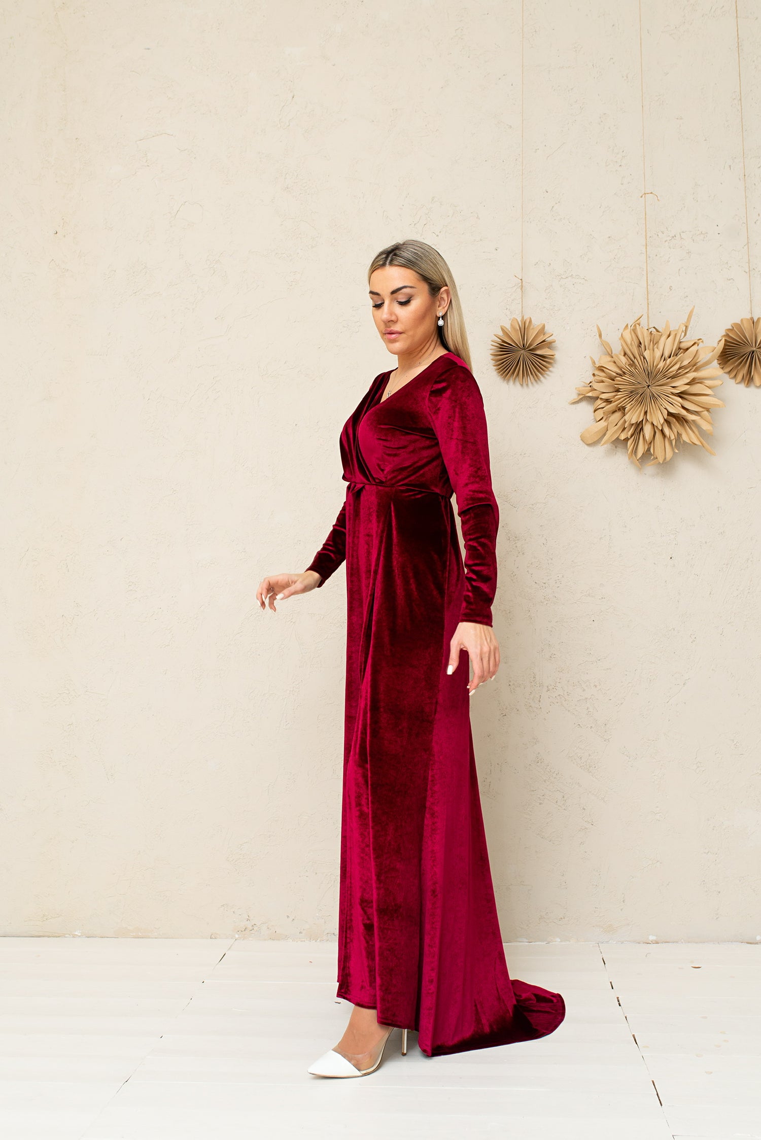 Bridesmaid Slit Long Sleeve Draped Dress