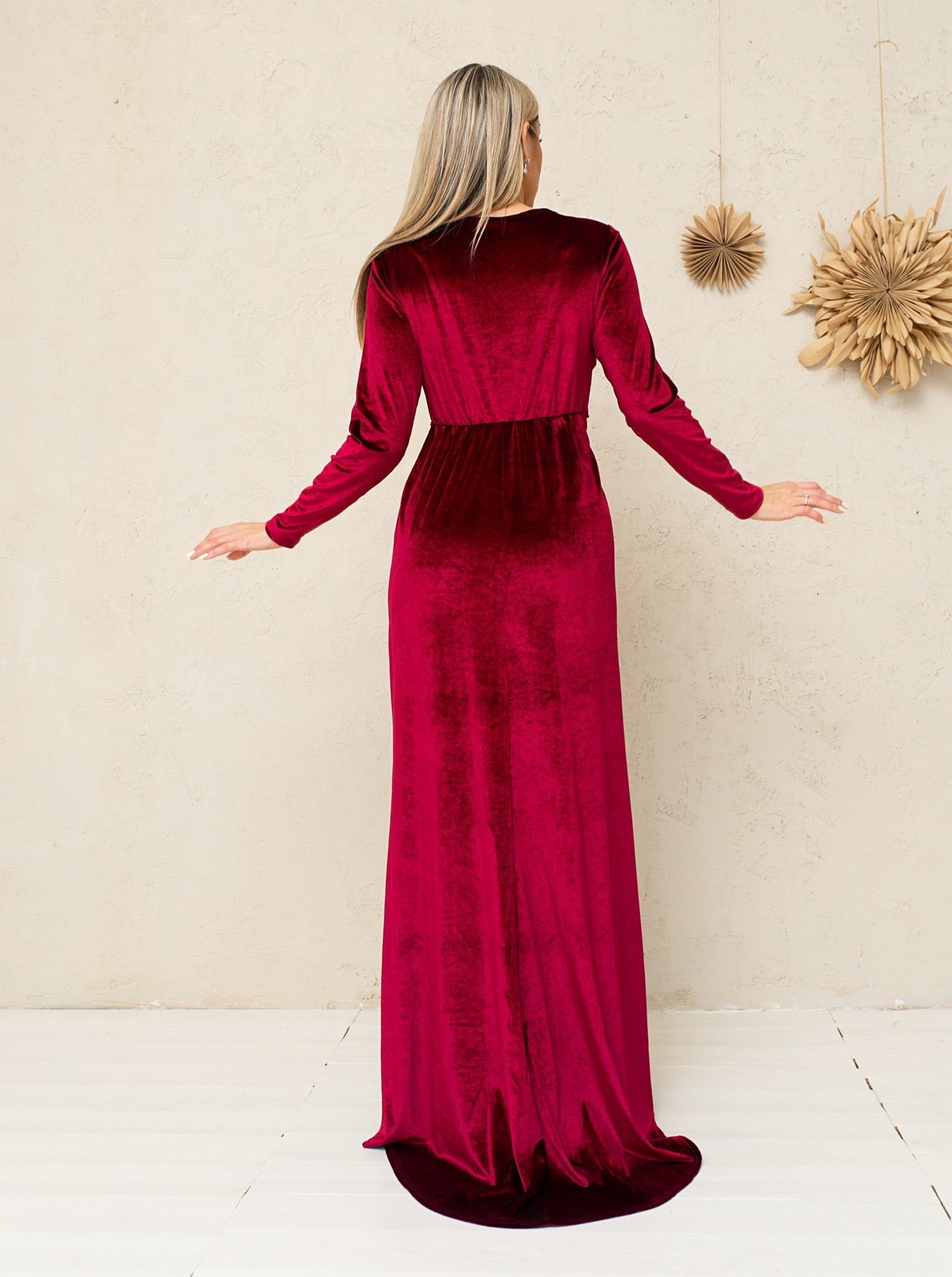 Bridesmaid Slit Long Sleeve Draped Dress