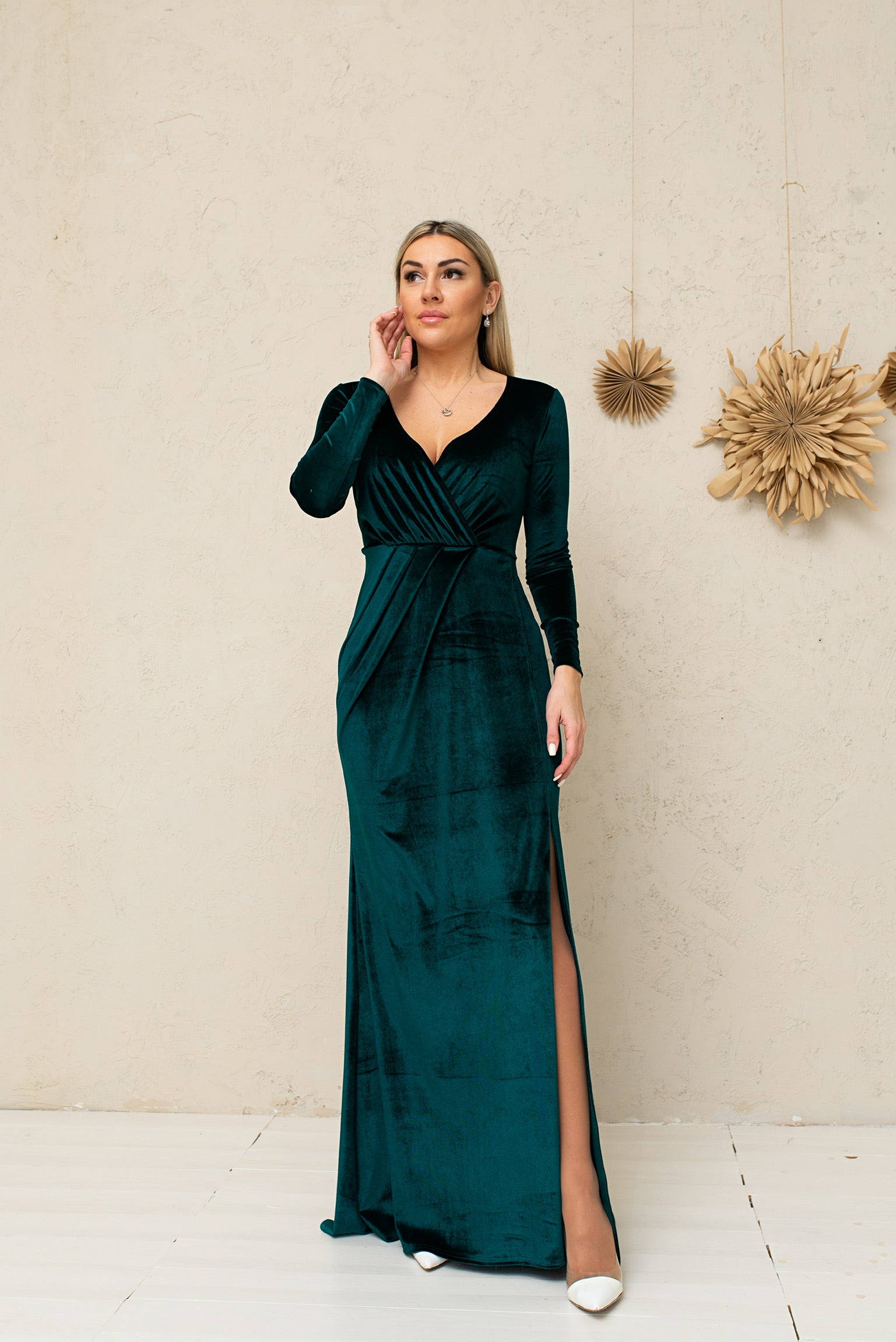 Bridesmaid Slit Long Sleeve Draped Dress