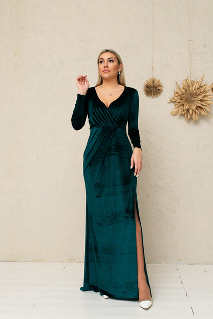 Bridesmaid Slit Long Sleeve Draped Dress