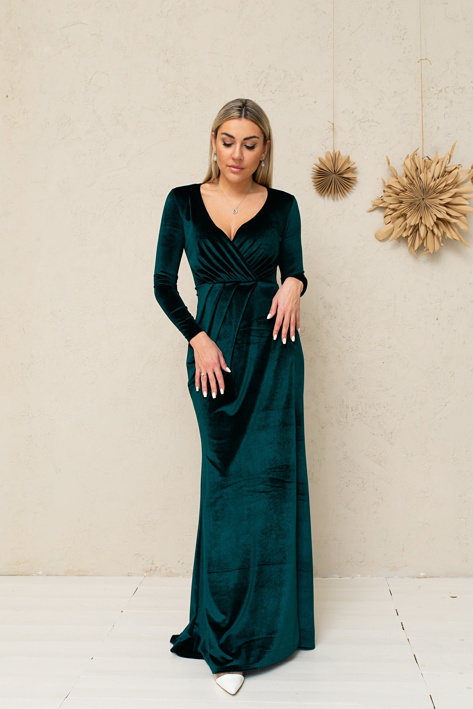 Bridesmaid Slit Long Sleeve Draped Dress