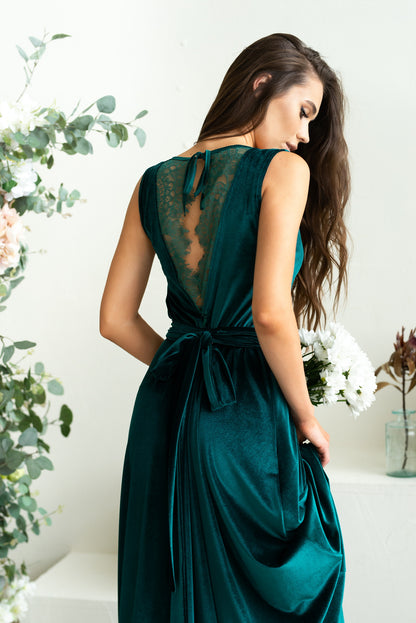 Bridesmaid Sleeveless Velvet Lace Back Maxi Dress