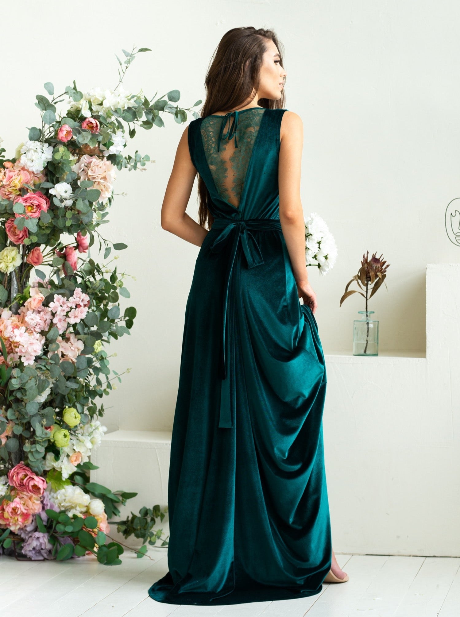 Bridesmaid Sleeveless Velvet Lace Back Maxi Dress