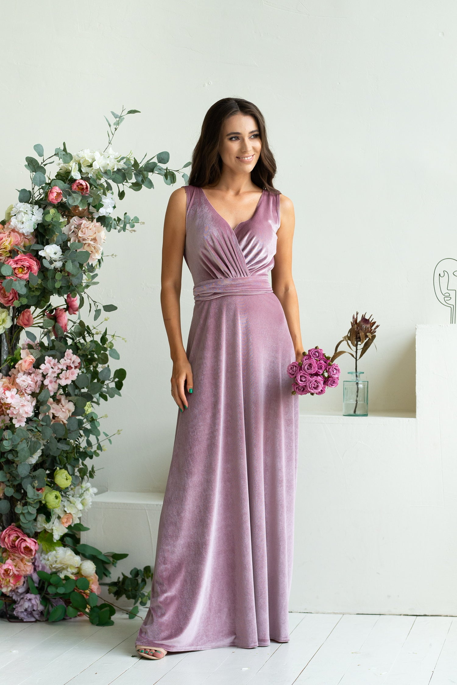 Bridesmaid Sleeveless Velvet Lace Back Maxi Dress