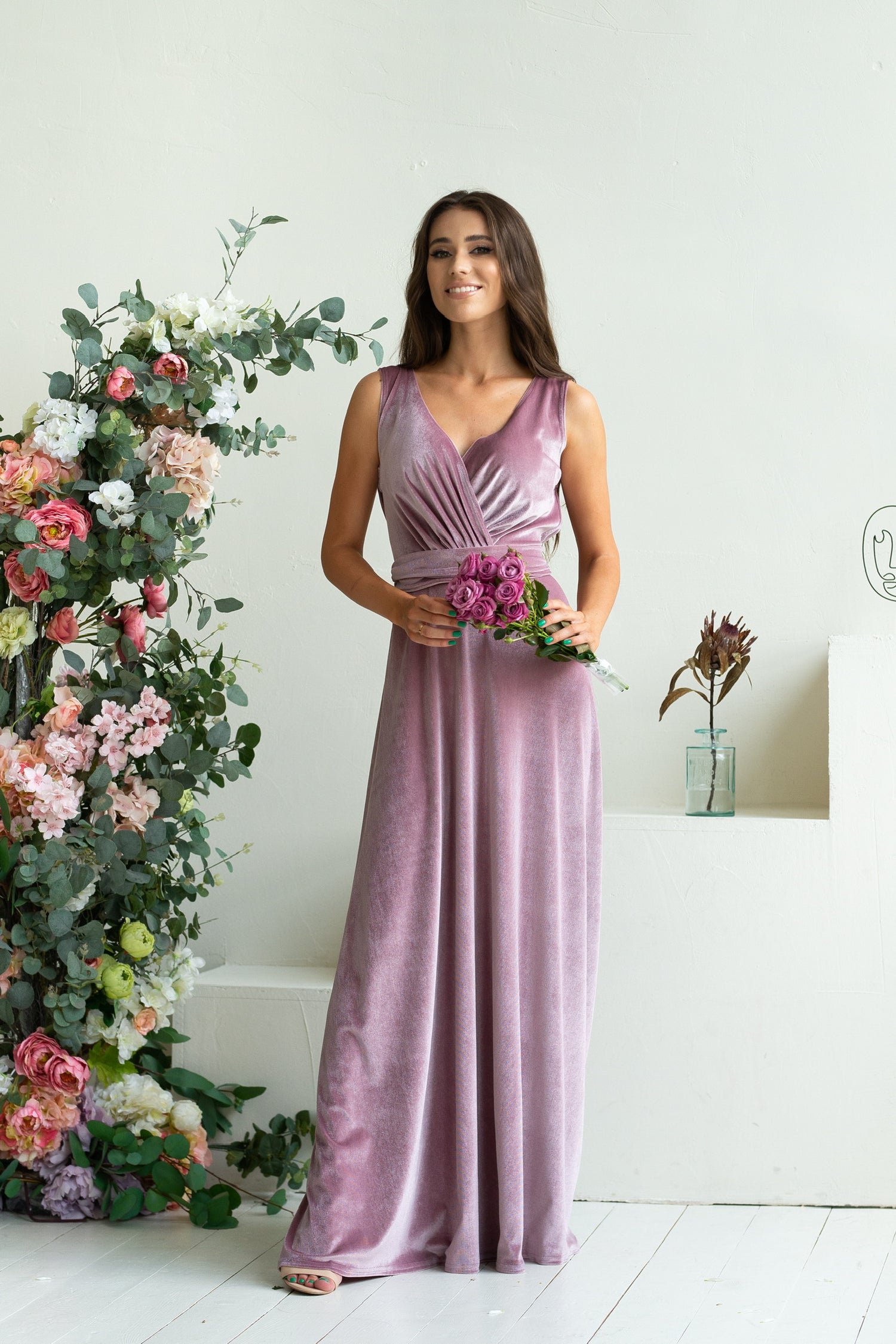 Bridesmaid Sleeveless Velvet Lace Back Maxi Dress