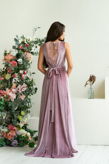 Bridesmaid Sleeveless Velvet Lace Back Maxi Dress