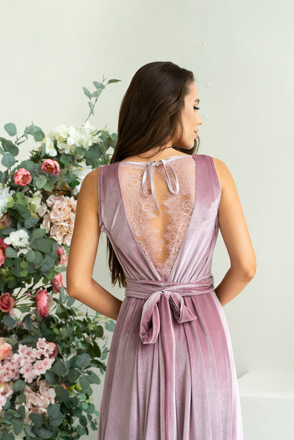 Bridesmaid Sleeveless Velvet Lace Back Maxi Dress