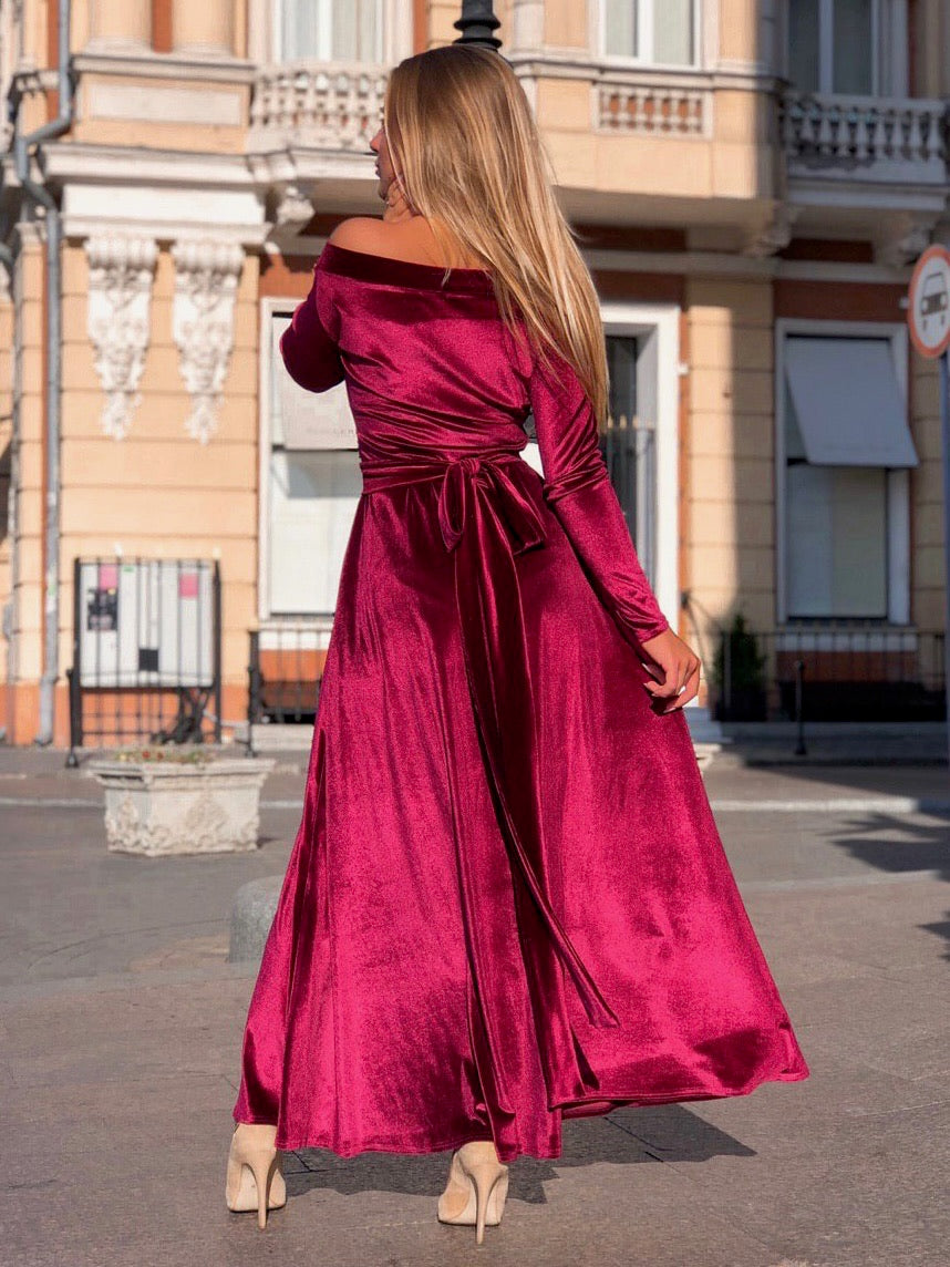 Bridesmaid Long Sleeve Velvet off Shoulder Dress