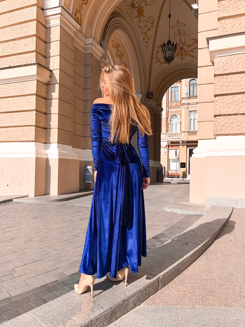 Bridesmaid Long Sleeve Velvet off Shoulder Dress