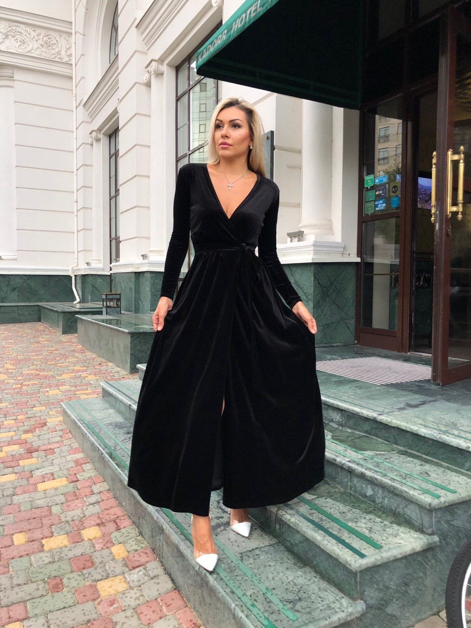 Bridesmaid Black Velvet V Neck Wrap Dress