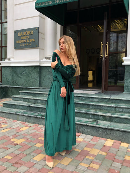 Bridesmaid Long Sleeve Velvet off Shoulder Dress