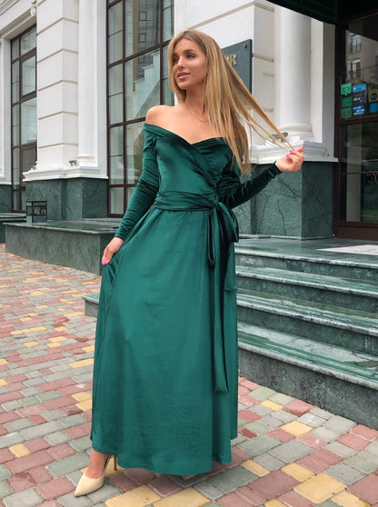 Bridesmaid Long Sleeve Velvet off Shoulder Dress