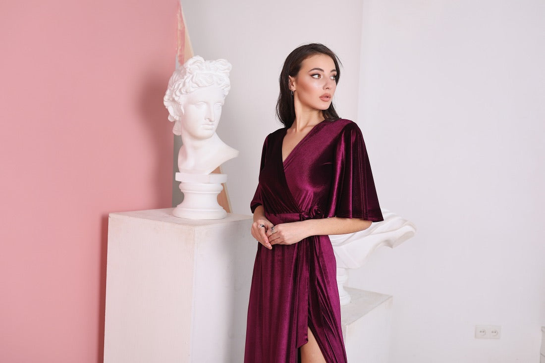 Bridesmaid Flutter Sleeve Wrap Velvet Dress