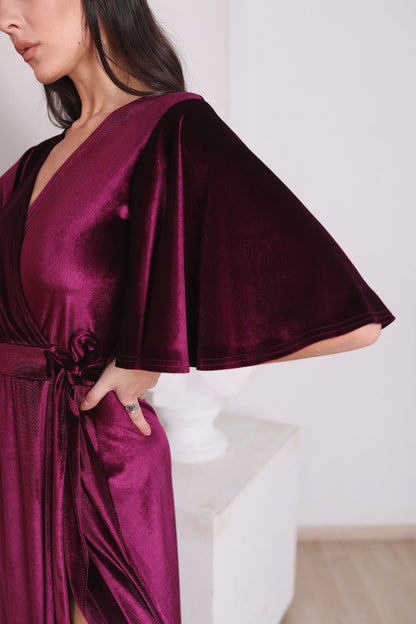 Bridesmaid Flutter Sleeve Wrap Velvet Dress