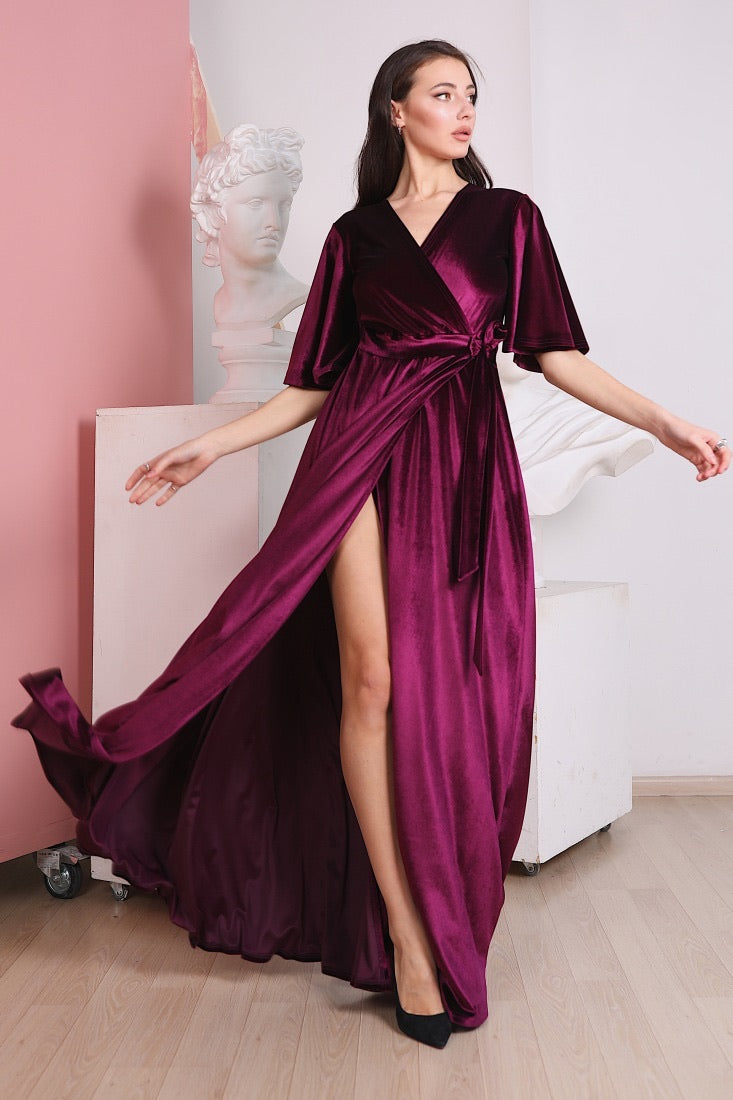 Bridesmaid Flutter Sleeve Wrap Velvet Dress