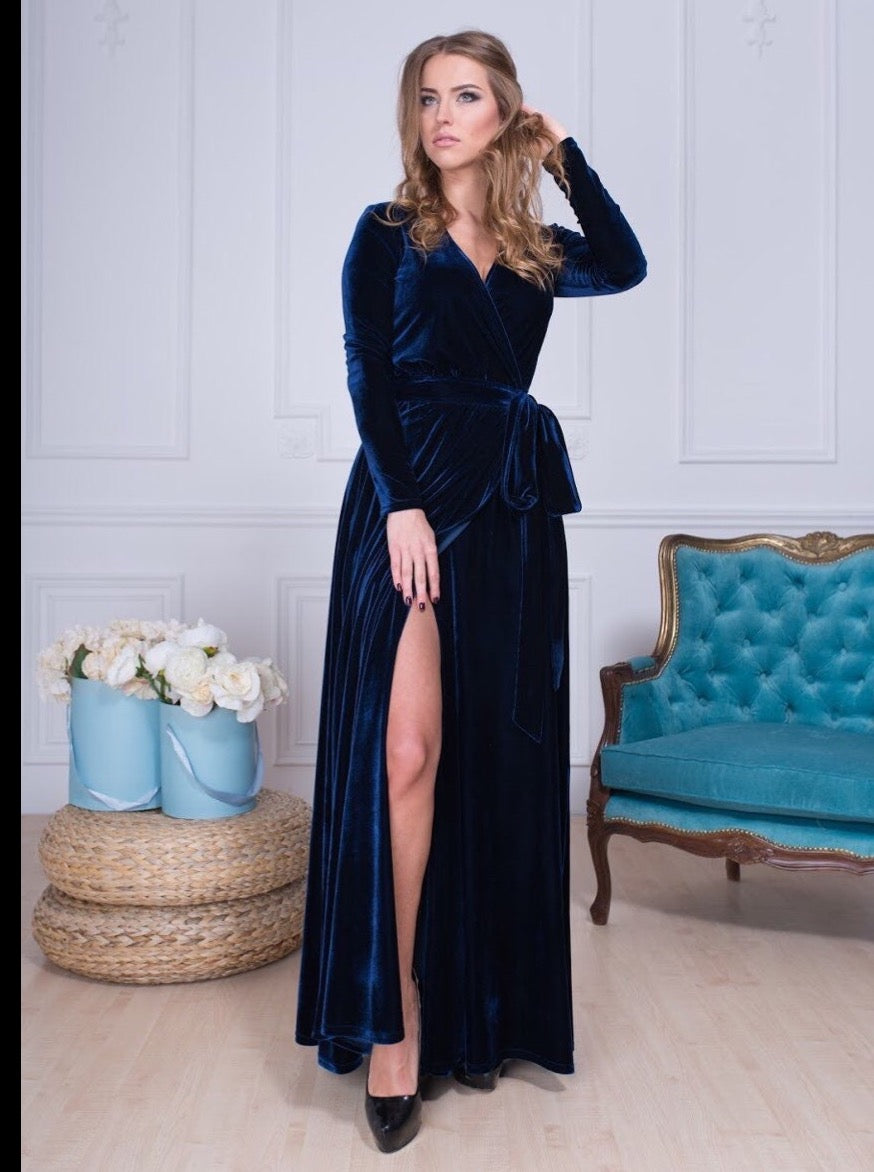 Bridesmaid Black Velvet V Neck Wrap Dress