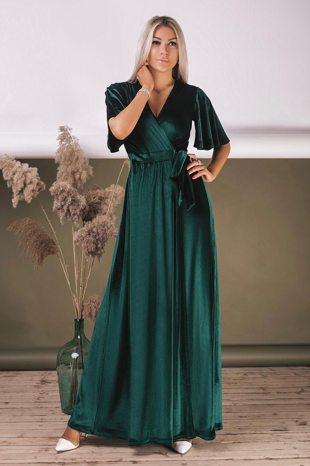 Bridesmaid Flutter Sleeve Wrap Velvet Dress