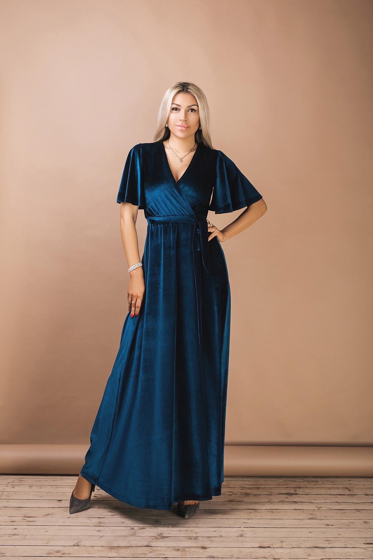 Bridesmaid Flutter Sleeve Wrap Velvet Dress