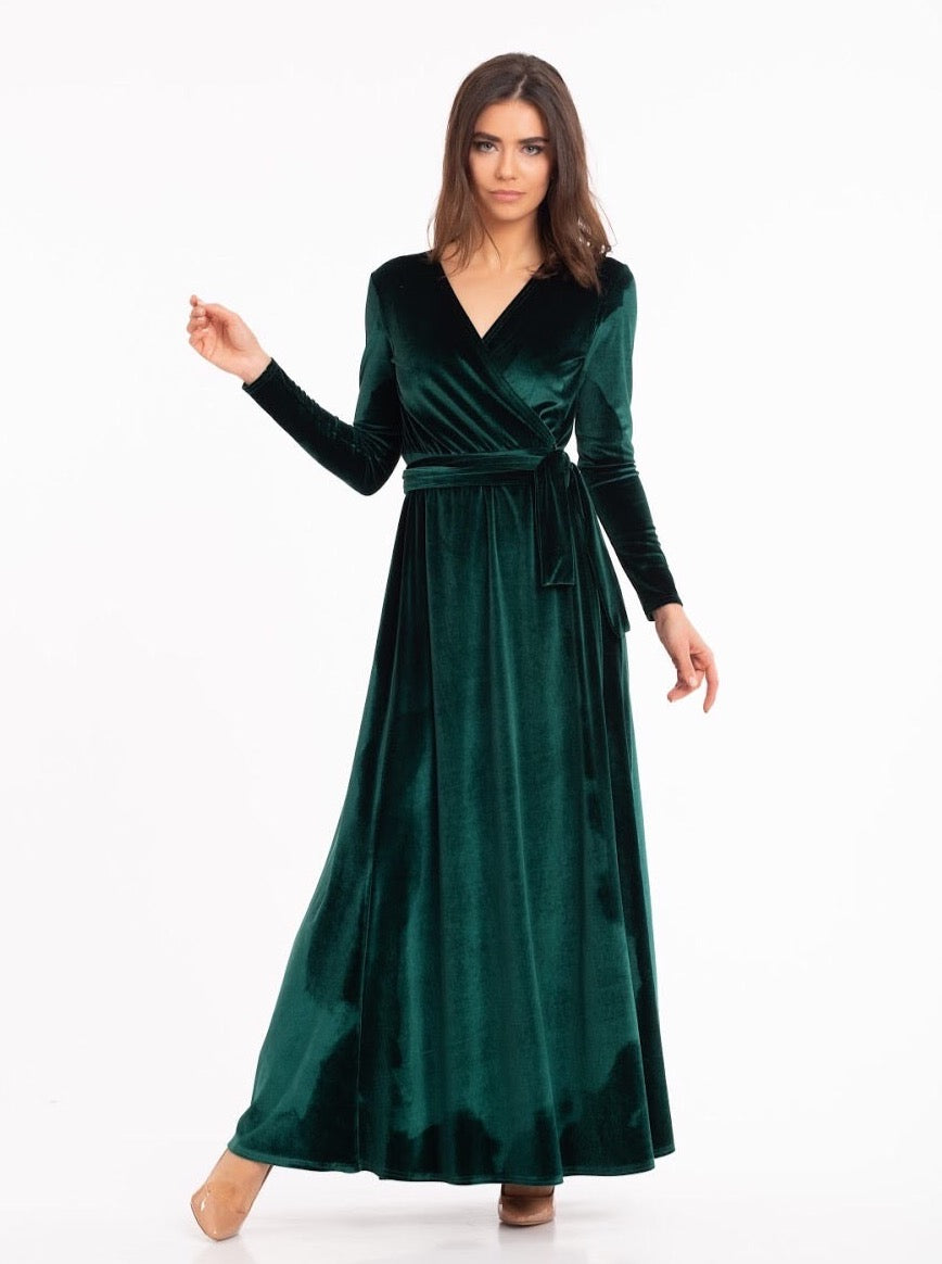 Bridesmaid Black Velvet V Neck Wrap Dress