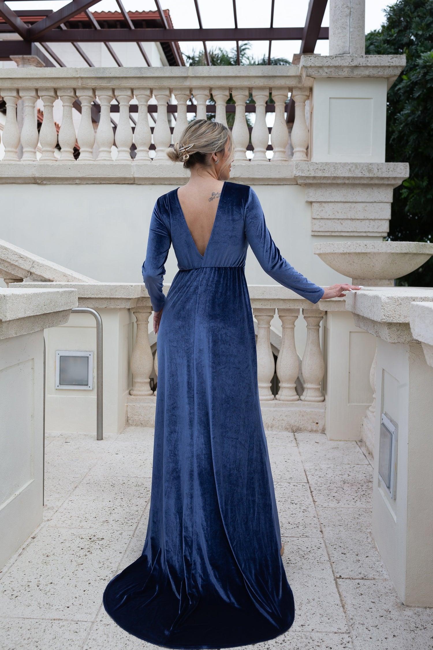 Bridesmaid Open Back Velvet Dress with Train