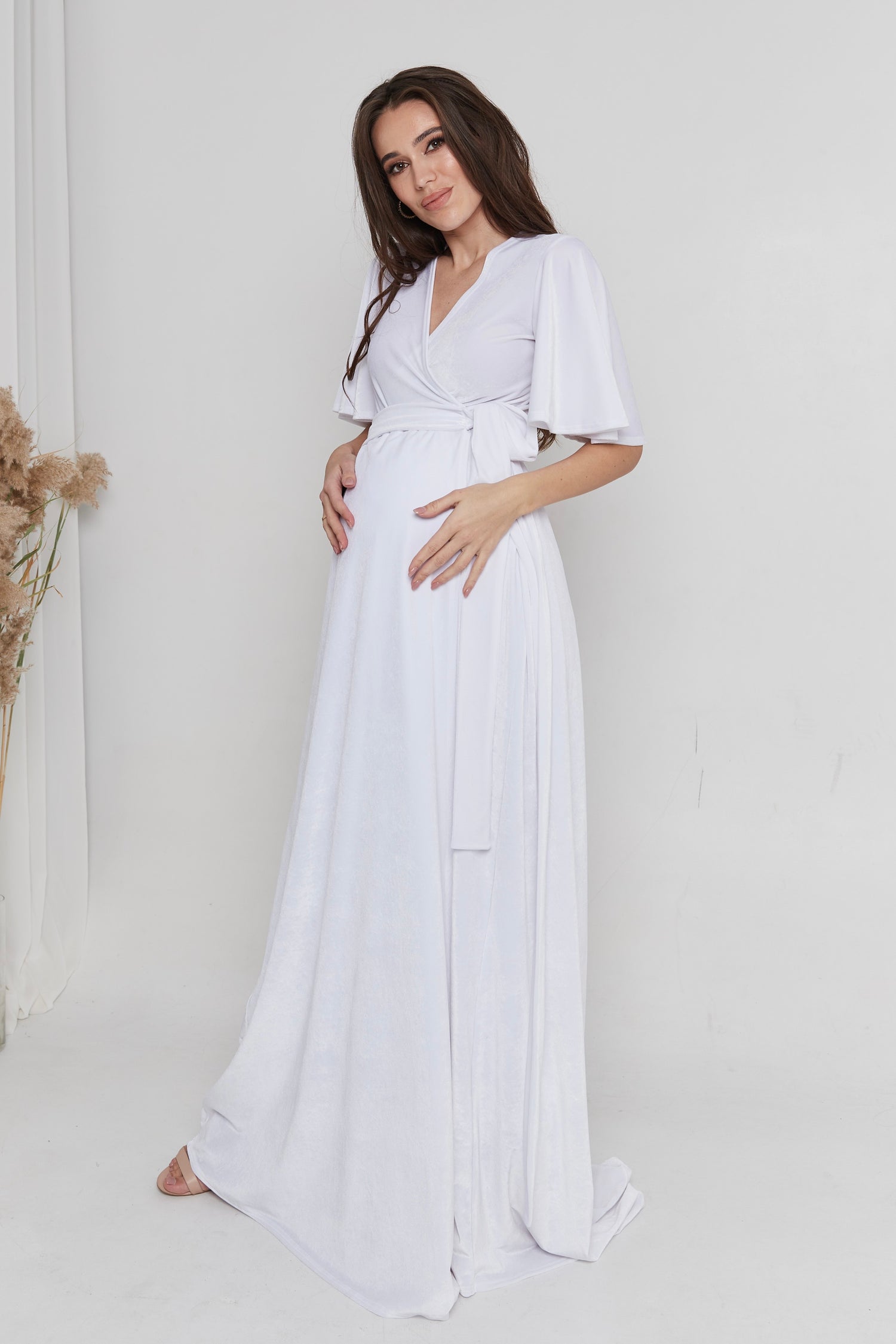 Maternity Velvet Wrap Flutter Sleeve Dress