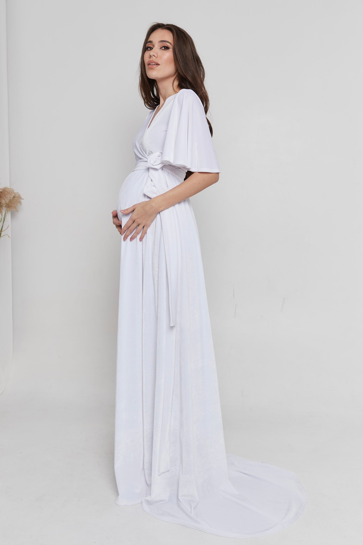 Maternity Velvet Wrap Flutter Sleeve Dress