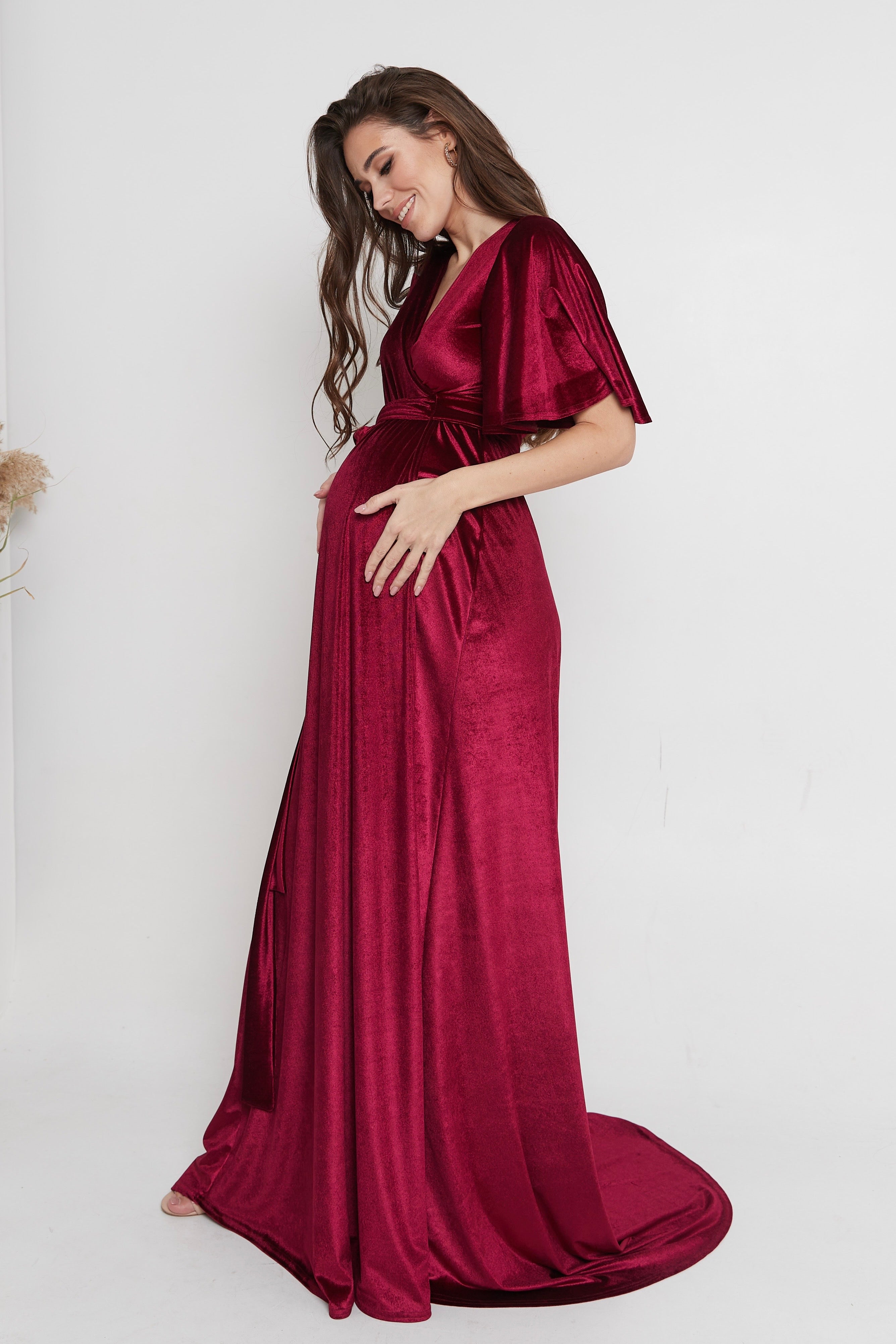 Maternity Velvet Wrap Flutter Sleeve Dress