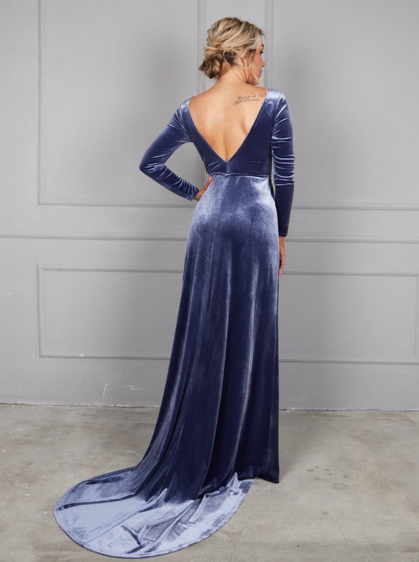 Bridesmaid Open Back Velvet Dress with Train