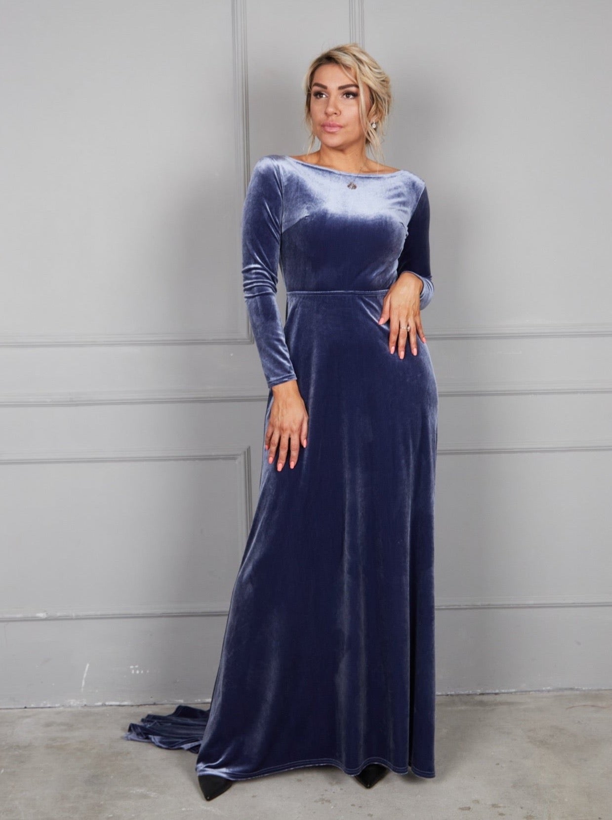 Bridesmaid Open Back Velvet Dress with Train