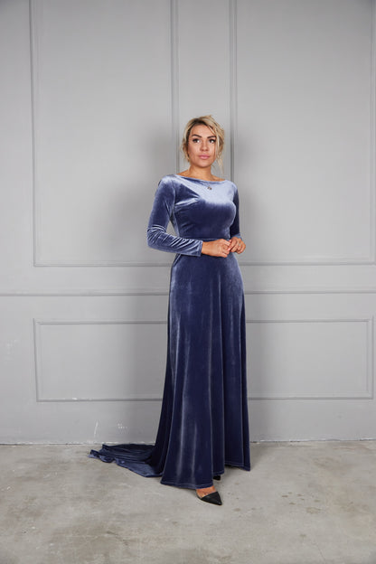 Bridesmaid Open Back Velvet Dress with Train